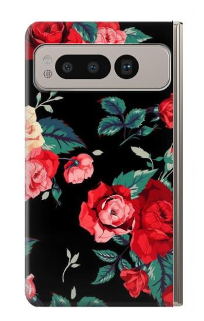 W3112 Rose Floral Pattern Black Hard Case and Leather Flip Case For Google Pixel Fold