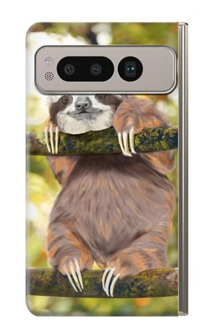 W3138 Cute Baby Sloth Paint Hard Case and Leather Flip Case For Google Pixel Fold