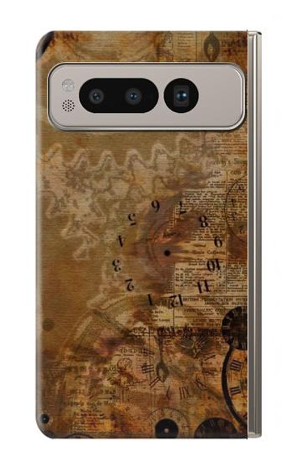 W3456 Vintage Paper Clock Steampunk Hard Case and Leather Flip Case For Google Pixel Fold