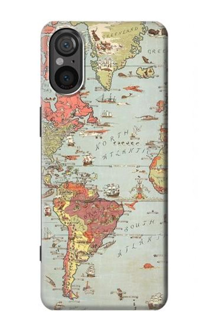 W3418 Vintage World Map Hard Case and Leather Flip Case For Sony Xperia 5 V