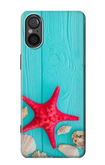 W3428 Aqua Wood Starfish Shell Hard Case and Leather Flip Case For Sony Xperia 5 V