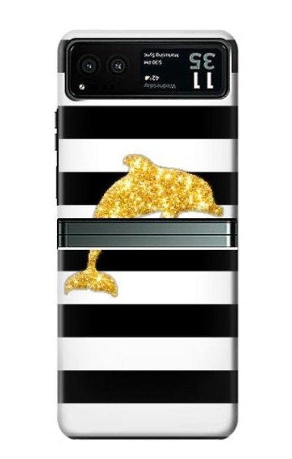 W2882 Black and White Striped Gold Dolphin Hard Case and Leather Flip Case For Motorola Razr 40