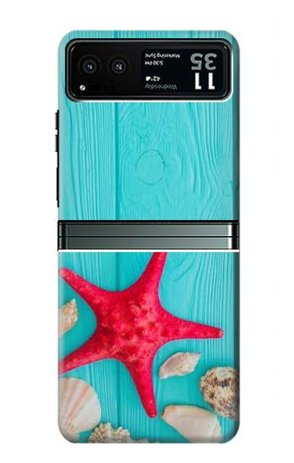 W3428 Aqua Wood Starfish Shell Hard Case and Leather Flip Case For Motorola Razr 40