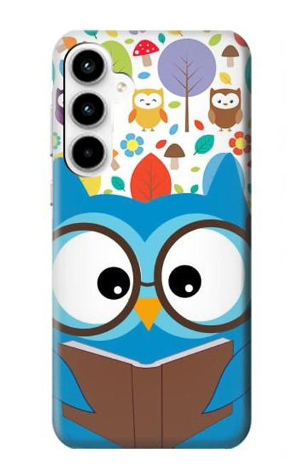 W2521 Cute Nerd Owl Cartoon Hard Case and Leather Flip Case For Samsung Galaxy A35 5G