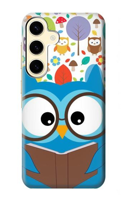 W2521 Cute Nerd Owl Cartoon Hard Case and Leather Flip Case For Samsung Galaxy S24