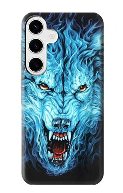 W0752 Blue Fire Grim Wolf Hard Case and Leather Flip Case For Samsung Galaxy S24 Plus