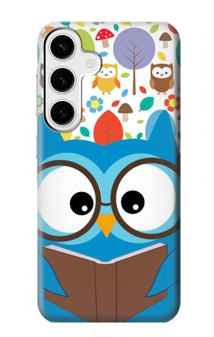 W2521 Cute Nerd Owl Cartoon Hard Case and Leather Flip Case For Samsung Galaxy S24 Plus
