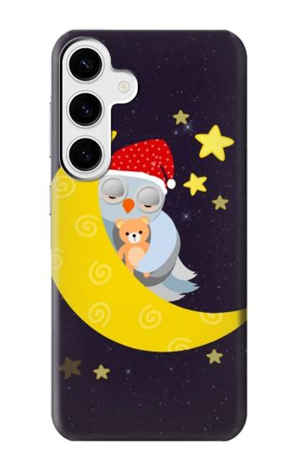 W2849 Cute Sleepy Owl Moon Night Hard Case and Leather Flip Case For Samsung Galaxy S24 Plus