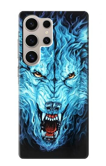 W0752 Blue Fire Grim Wolf Hard Case and Leather Flip Case For Samsung Galaxy S24 Ultra