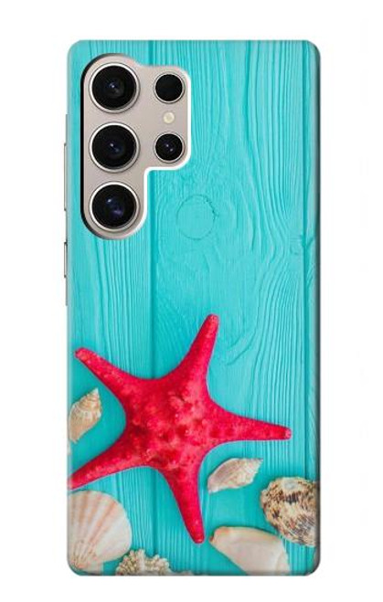 W3428 Aqua Wood Starfish Shell Hard Case and Leather Flip Case For Samsung Galaxy S24 Ultra