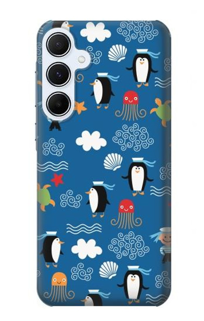 W2572 Marine Penguin Pattern Hard Case and Leather Flip Case For Samsung Galaxy A55 5G