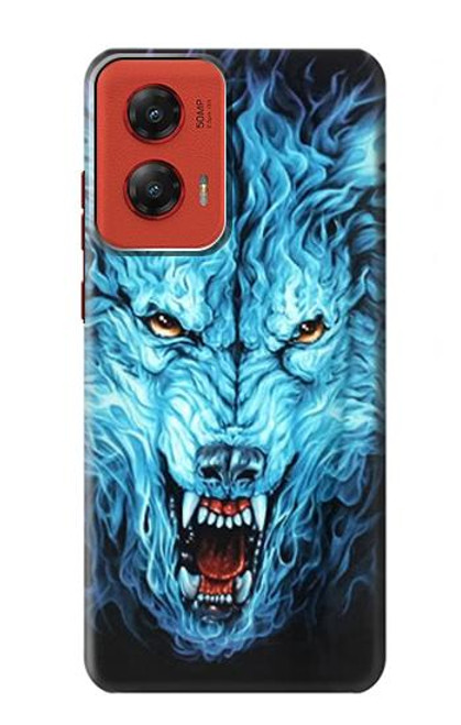 W0752 Blue Fire Grim Wolf Hard Case and Leather Flip Case For Motorola Moto G Stylus 5G (2024)