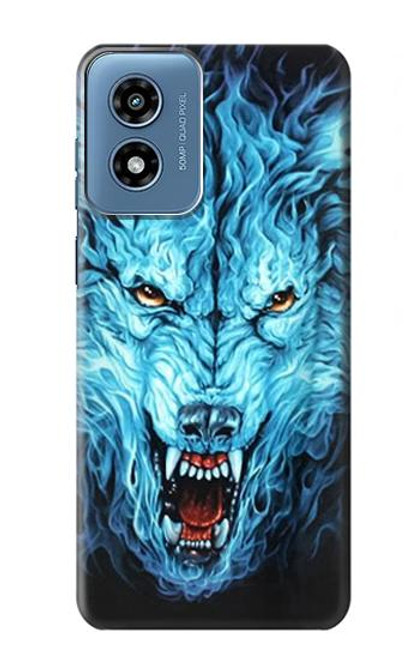 W0752 Blue Fire Grim Wolf Hard Case and Leather Flip Case For Motorola Moto G Play 4G (2024)