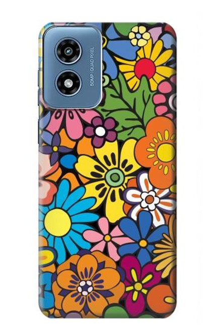 W3281 Colorful Hippie Flowers Pattern Hard Case and Leather Flip Case For Motorola Moto G Play 4G (2024)