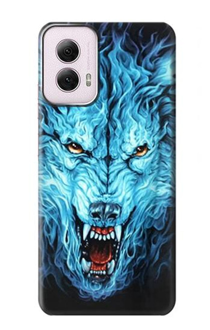 W0752 Blue Fire Grim Wolf Hard Case and Leather Flip Case For Motorola Moto G Power 5G (2024)