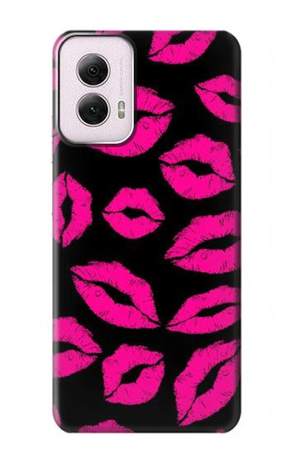 W2933 Pink Lips Kisses on Black Hard Case and Leather Flip Case For Motorola Moto G Power 5G (2024)