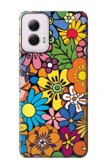 W3281 Colorful Hippie Flowers Pattern Hard Case and Leather Flip Case For Motorola Moto G Power 5G (2024)