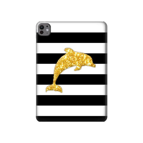 W2882 Black and White Striped Gold Dolphin Tablet Hard Case For iPad Pro 11 (2024)