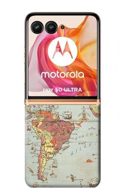 W3418 Vintage World Map Hard Case and Leather Flip Case For Motorola Razr 50 Ultra