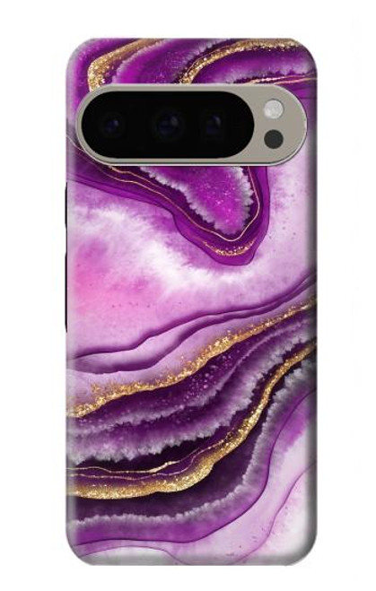 W3896 Purple Marble Gold Streaks Hard Case and Leather Flip Case For Google Pixel 9 Pro