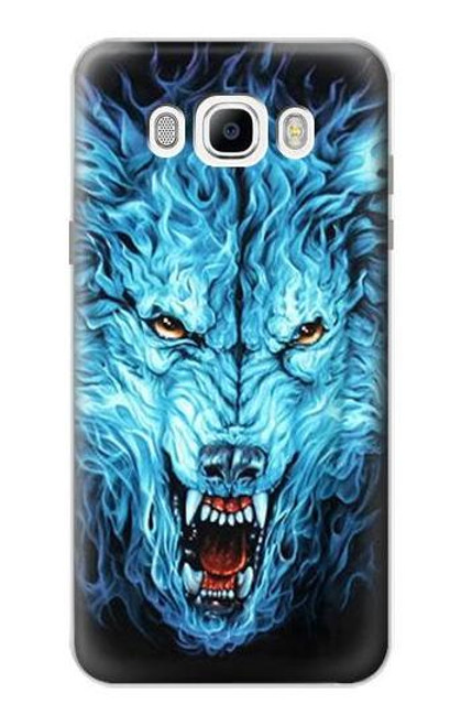 W0752 Blue Fire Grim Wolf Hard Case and Leather Flip Case For Samsung Galaxy J7 (2016)