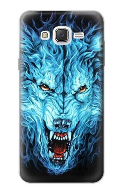 W0752 Blue Fire Grim Wolf Hard Case and Leather Flip Case For Samsung Galaxy J7