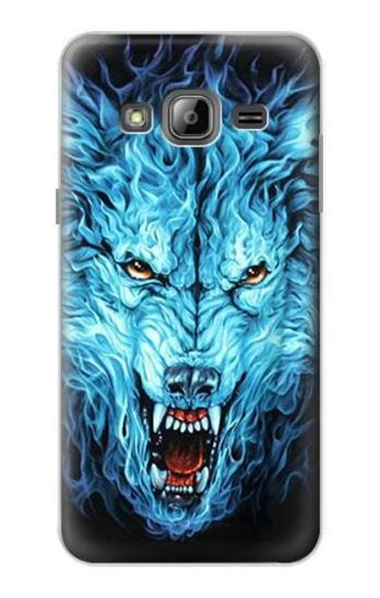 W0752 Blue Fire Grim Wolf Hard Case and Leather Flip Case For Samsung Galaxy J3 (2016)