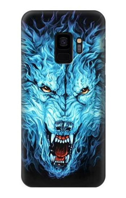 W0752 Blue Fire Grim Wolf Hard Case and Leather Flip Case For Samsung Galaxy S9