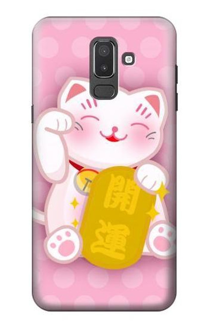 W3025 Pink Maneki Neko Lucky Cat Hard Case and Leather Flip Case For Samsung Galaxy J8 (2018)