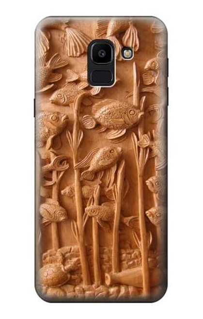 W1307 Fish Wood Carving Graphic Printed Hard Case and Leather Flip Case For Samsung Galaxy J6 (2018)