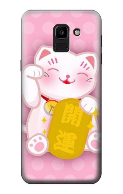 W3025 Pink Maneki Neko Lucky Cat Hard Case and Leather Flip Case For Samsung Galaxy J6 (2018)