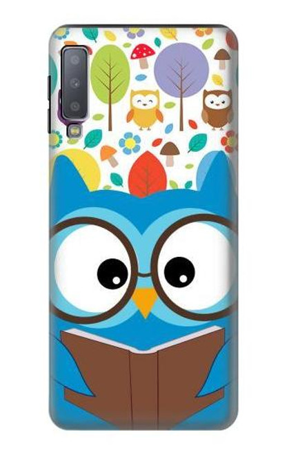 W2521 Cute Nerd Owl Cartoon Hard Case and Leather Flip Case For Samsung Galaxy A7 (2018)