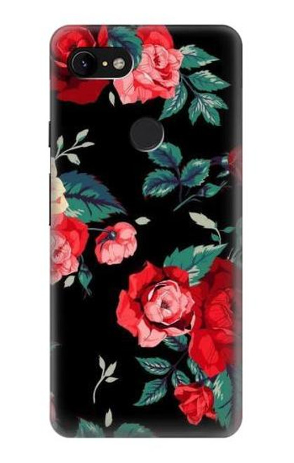 W3112 Rose Floral Pattern Black Hard Case and Leather Flip Case For Google Pixel 3 XL