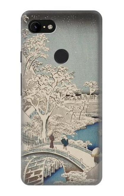 W3350 Utagawa Hiroshige Drum Bridge Yuhi Hill in Meguro Hard Case and Leather Flip Case For Google Pixel 3 XL