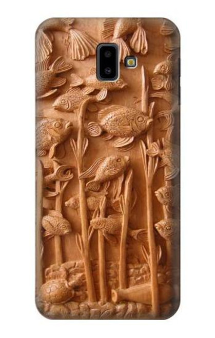 W1307 Fish Wood Carving Graphic Printed Hard Case and Leather Flip Case For Samsung Galaxy J6+ (2018), J6 Plus (2018)