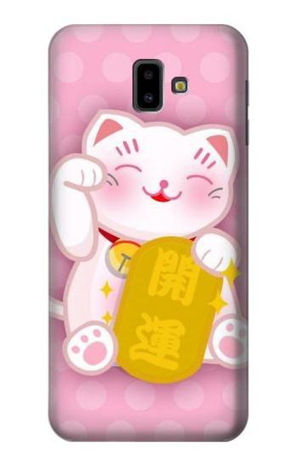 W3025 Pink Maneki Neko Lucky Cat Hard Case and Leather Flip Case For Samsung Galaxy J6+ (2018), J6 Plus (2018)