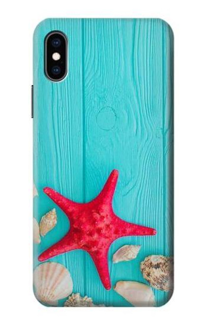 W3428 Aqua Wood Starfish Shell Hard Case and Leather Flip Case For iPhone X, iPhone XS