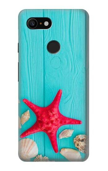 W3428 Aqua Wood Starfish Shell Hard Case and Leather Flip Case For Google Pixel 3