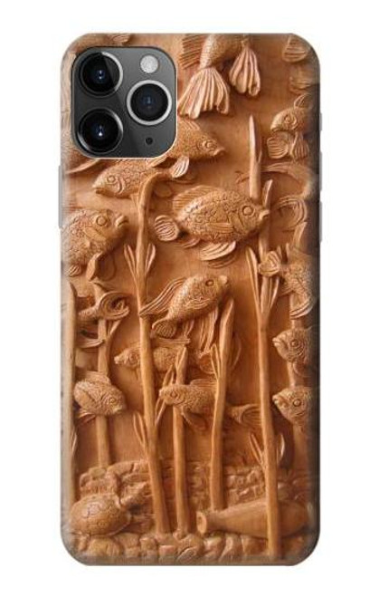 W1307 Fish Wood Carving Graphic Printed Hard Case and Leather Flip Case For iPhone 11 Pro