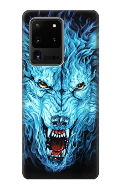 W0752 Blue Fire Grim Wolf Hard Case and Leather Flip Case For Samsung Galaxy S20 Ultra