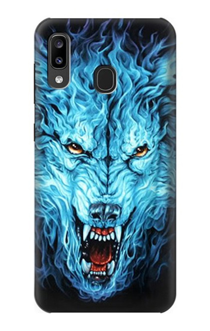 W0752 Blue Fire Grim Wolf Hard Case and Leather Flip Case For Samsung Galaxy A20, Galaxy A30