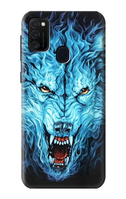 W0752 Blue Fire Grim Wolf Hard Case and Leather Flip Case For Samsung Galaxy M21
