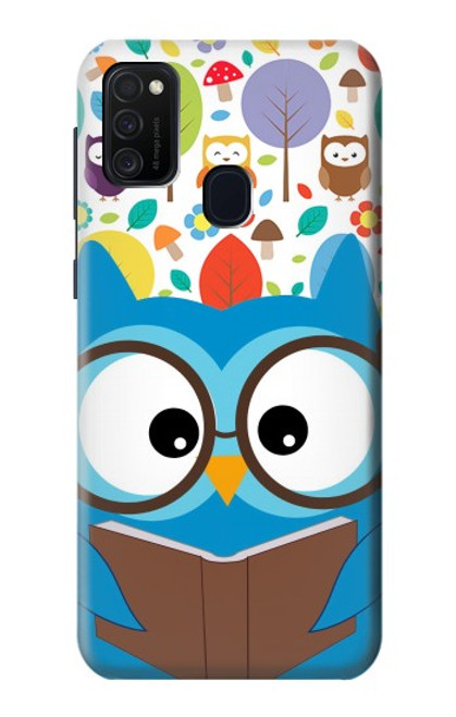 W2521 Cute Nerd Owl Cartoon Hard Case and Leather Flip Case For Samsung Galaxy M21