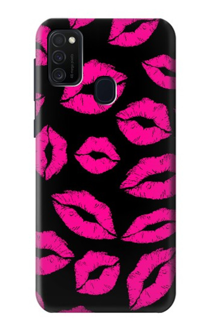 W2933 Pink Lips Kisses on Black Hard Case and Leather Flip Case For Samsung Galaxy M21