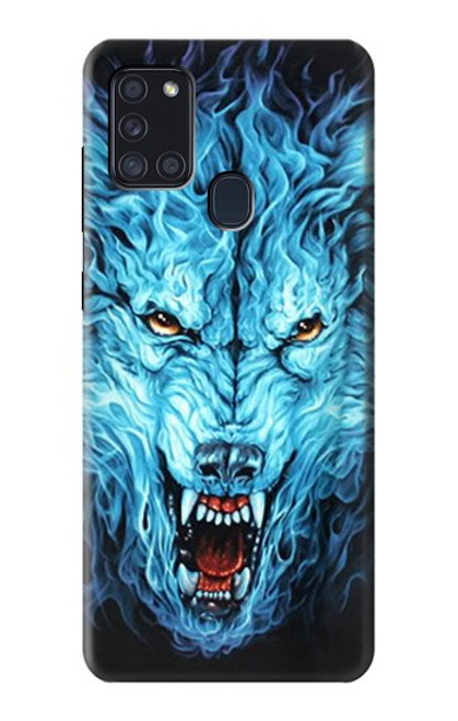 W0752 Blue Fire Grim Wolf Hard Case and Leather Flip Case For Samsung Galaxy A21s