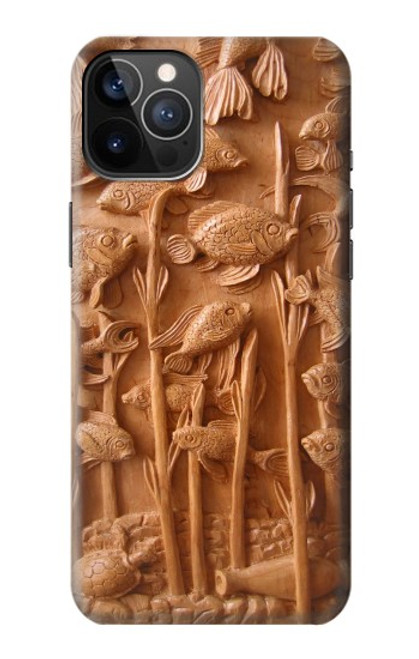 W1307 Fish Wood Carving Graphic Printed Hard Case and Leather Flip Case For iPhone 12, iPhone 12 Pro