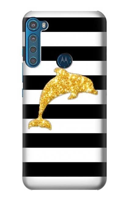 W2882 Black and White Striped Gold Dolphin Hard Case and Leather Flip Case For Motorola One Fusion+