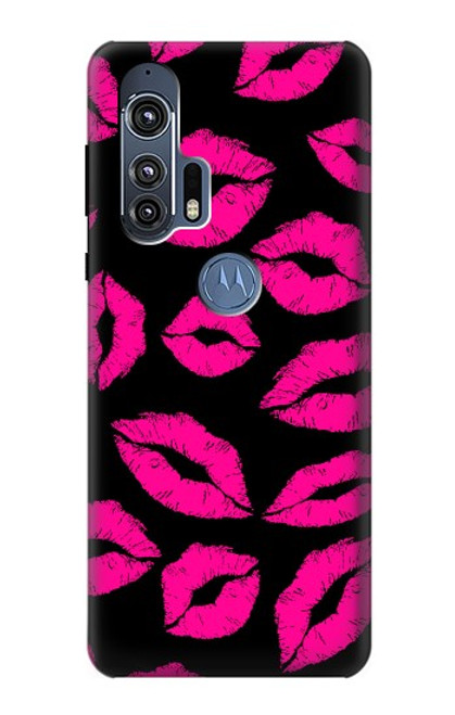 W2933 Pink Lips Kisses on Black Hard Case and Leather Flip Case For Motorola Edge+