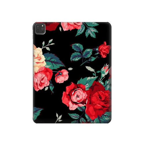 W3112 Rose Floral Pattern Black Tablet Hard Case For iPad Pro 11 (2021,2020,2018, 3rd, 2nd, 1st)