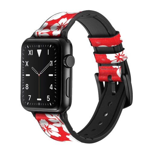 CA0215 Hawaiian Hibiscus Pattern Silicone & Leather Smart Watch Band Strap For Apple Watch iWatch